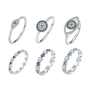 Set of six S925 sterling silver Evil Eye and heart rings with colorful zircon stones
