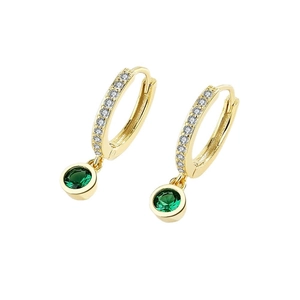 Boucles d'oreilles créoles en argent S925 doré avec zircons blancs et pierre émeraude