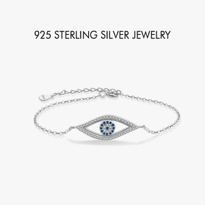 Elegant 925 sterling silver evil eye bracelet with sparkling blue and white zircon stones