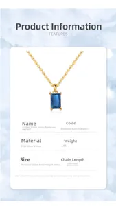 Detailed view of S925 silver necklace with rectangular blue zircon and size specifications