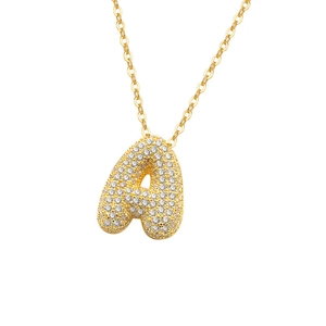 Sparkling S925 silver bubble letter A necklace with pave cubic zirconia on gold chain