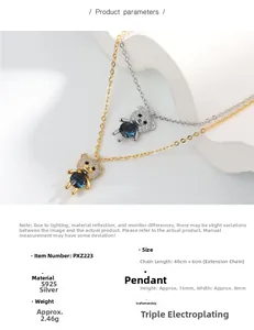 Detailed specs of S925 sterling silver bear pendant with blue crystal on wave props
