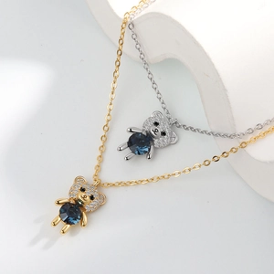 S925 sterling silver bear pendant necklace with dark blue crystal and pavé rhinestones