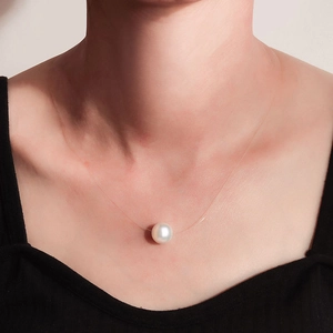 Minimalist S925 silver fishing line necklace with a single round white pearl pendant