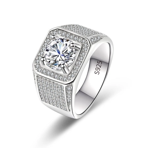 Bague Carrée de Luxe pour Homme en Argent Sterling 925 Avec Zirconia Cubique Incrusté Grosse Bague en Zircon Rond Cadeau Bijoux Mariage Fête