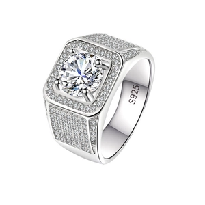 Bague chevalière en argent S925 pour homme avec pierre centrale brillante et zircons pavés