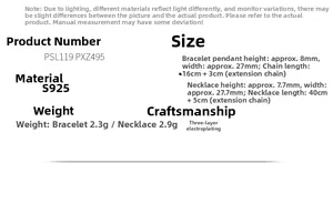 Detailed specifications table for S925 sterling silver starburst necklace and bracelet set