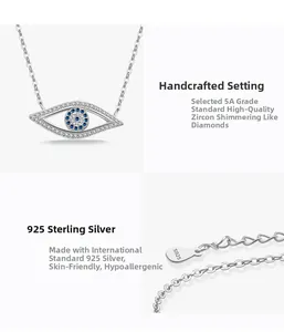 Macro detail of S925 sterling silver evil eye necklace with 5A cubic zirconia and hallmark
