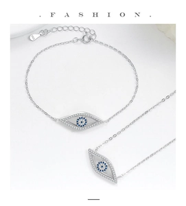 Detailed view of S925 silver evil eye jewelry set with blue and white zircon stones