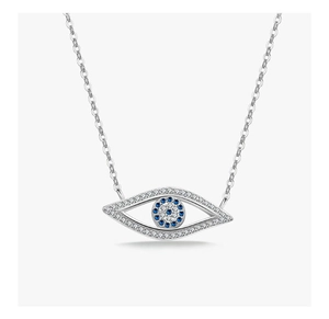 Close-up of S925 silver evil eye pendant necklace with blue and white zircon stones