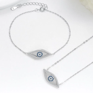 S925 sterling silver jewelry set featuring evil eye necklace and bracelet with blue stones