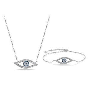 S925 sterling silver evil eye necklace and bracelet jewelry set with blue zircons