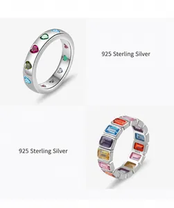 Detail of S925 sterling silver rings with colorful heart-shaped cubic zirconia and hallmark