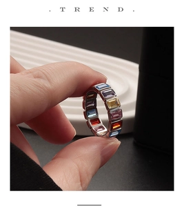 Detail of S925 silver eternity ring featuring vibrant rainbow baguette cut gemstones
