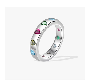 Close-up of S925 sterling silver ring featuring colorful heart-shaped inlaid stones