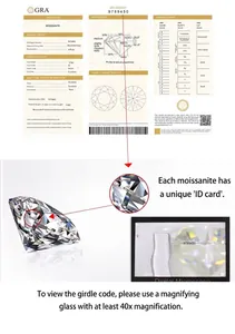 Vista macro della moissanite da 1,0 ct D VVS1 con relativo certificato ufficiale GRA