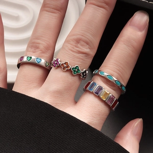 S925 sterling silver colorful gemstone rings set featuring clover and heart motifs