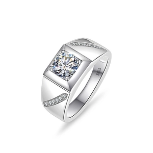 Men's S925 sterling silver ring with large round moissanite and pave side stones
