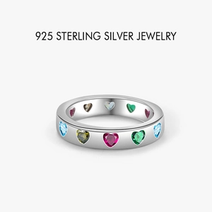 925 sterling silver eternity ring featuring vibrant multi-colored heart-shaped gemstones