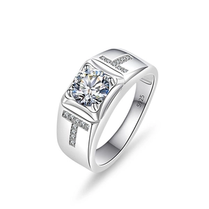 Close-up of S925 sterling silver ring featuring a round moissanite with T-shaped accents