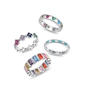 Collection of S925 sterling silver rings with colorful clover and heart gemstones