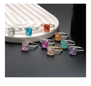 Detailed macro shot of S925 silver rings featuring emerald-cut colorful zircon gemstones