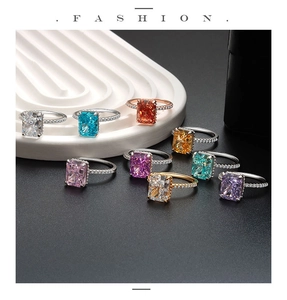 Macro detail of nine S925 sterling silver rings with colorful rectangle cut zircon stones