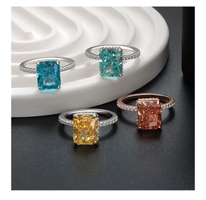 Close-up of rectangular cut colorful gemstone rings with micro-paved S925 silver bands