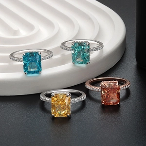 Sparkling S925 silver rings with large rectangle cut multi-colored carbon diamonds