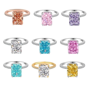 Nine-grid display of S925 sterling silver rings with colorful radiant cut carbon diamonds