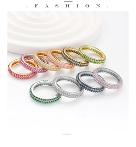 Detailed macro view of S925 silver eternity rings with colorful zircon micro-pave setting
