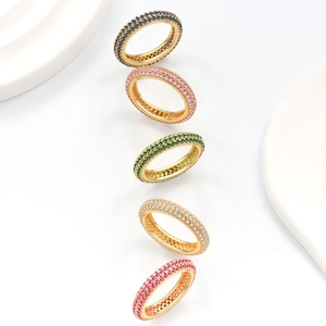 Set of five S925 sterling silver rings with three rows of colorful pave-set gemstones