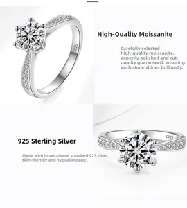 Macro detail of S925 sterling silver ring showing six-claw moissanite setting and S925 hallmark