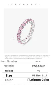Detail showing S925 sterling silver stamp and 3.0mm pink cubic zirconia stones on the band