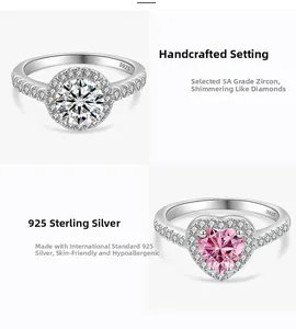 Detailed view of S925 sterling silver rings with pink heart and white round cubic zirconia