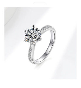 Detail view of S925 sterling silver ring featuring a six-prong round moissanite setting