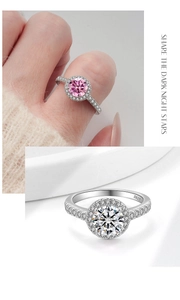 Detail of S925 sterling silver rings with pink and white halo stones and micro-pave diamonds