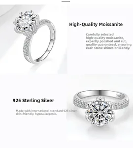 Dettaglio dell'anello in argento S925 con moissanite a sei griffe e pietre laterali