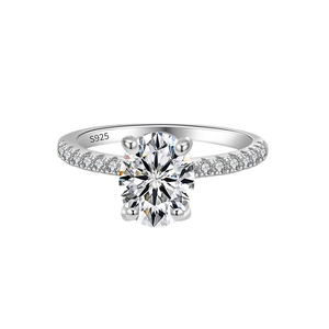 Oval cut S925 sterling silver moissanite ring with four-prong setting and side accents
