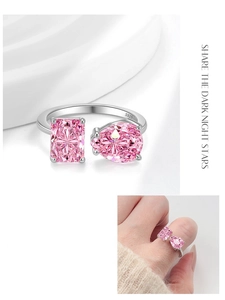 Close-up of S925 silver ring featuring pear and radiant cut pink stones with S925 hallmark