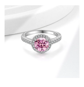 Macro shot of S925 sterling silver hallmark on the band with a pink gemstone detail