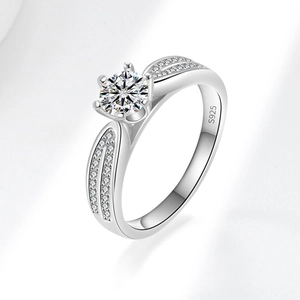 Classic 925 sterling silver six-prong 2ct moissanite ring with split pavé diamond band