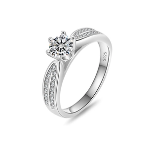 Classic 925 sterling silver 2 carat moissanite ring with six-prong setting and side diamonds