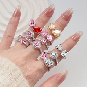 S925 sterling silver rings with pink heart and water drop shaped carbon diamonds