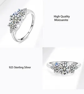Dettaglio dell'anello in argento sterling 925 con moissanite e montatura a tre pietre