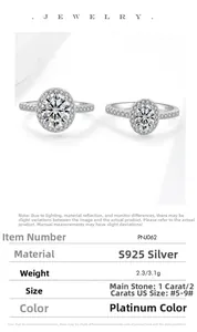 Détails de bagues en argent S925 et moissanite avec spécifications de taille et poids