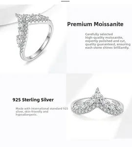 Macro detail of V-shaped crown silver ring with marquise cut moissanite inlay