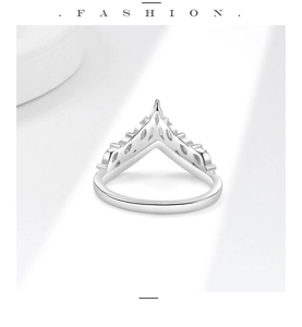 Detailed view of S925 sterling silver V-shape crown ring with marquise-cut white stones