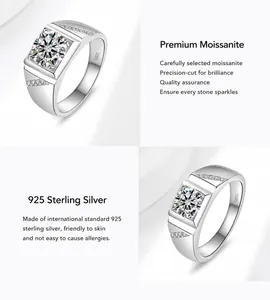 Detail view of 925 sterling silver men's ring showing S925 hallmark and square moissanite