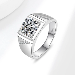 Men's S925 sterling silver ring with 2-carat moissanite centerpiece in a bold square setting